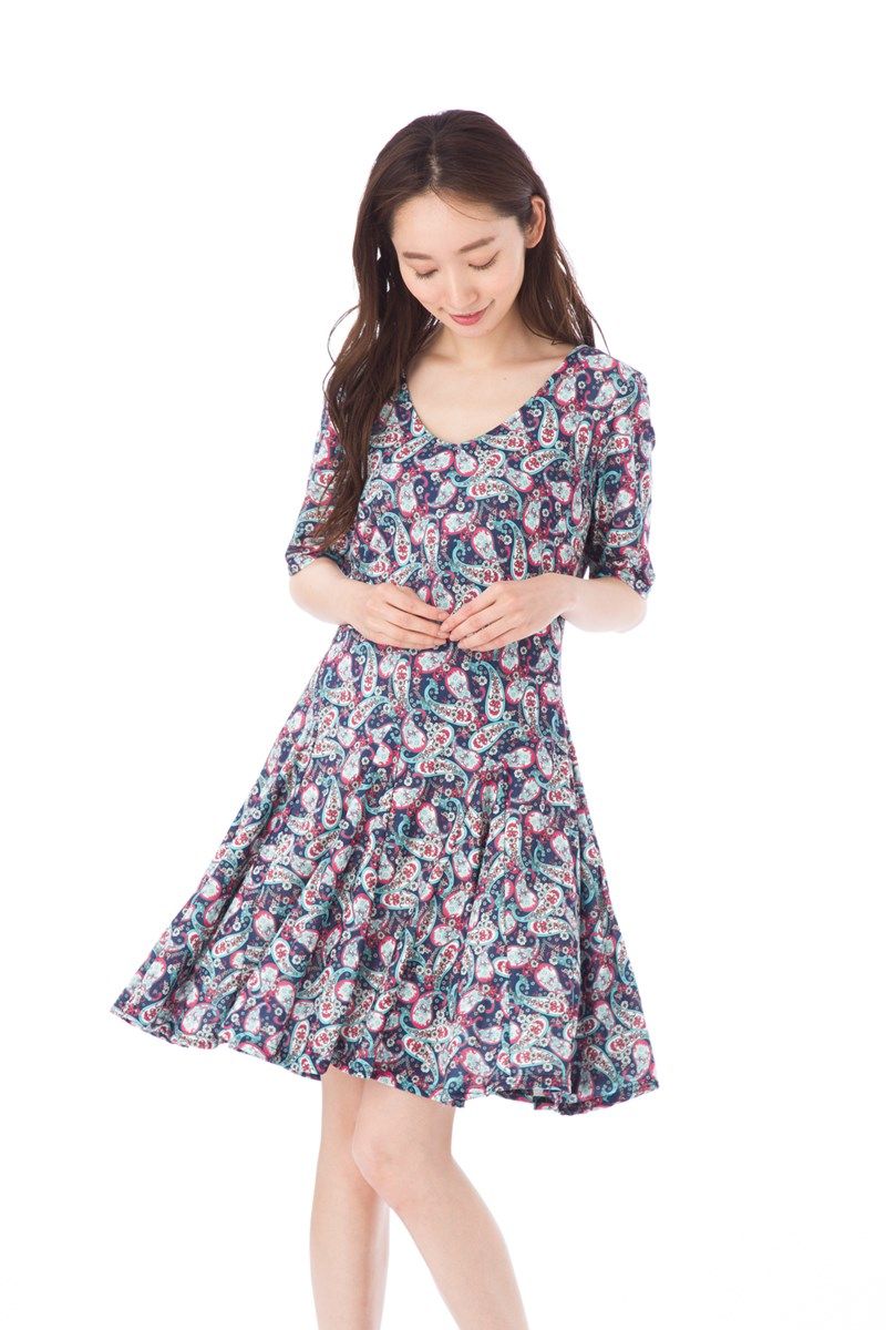 ファス FAS ワンピース T2 T3サイズ 半袖 Vネック 膝丈 ワンピース 上品 大きいサイズ 大人ワンピース レディース Fille A Suivre