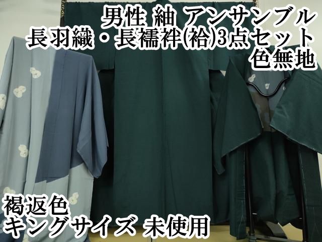 平和屋本店 上 男性 紬 アンサンブル 長羽織 長襦袢 袷 3点セット 色無地 褐返色 キングサイズ DZAA5375kh5
