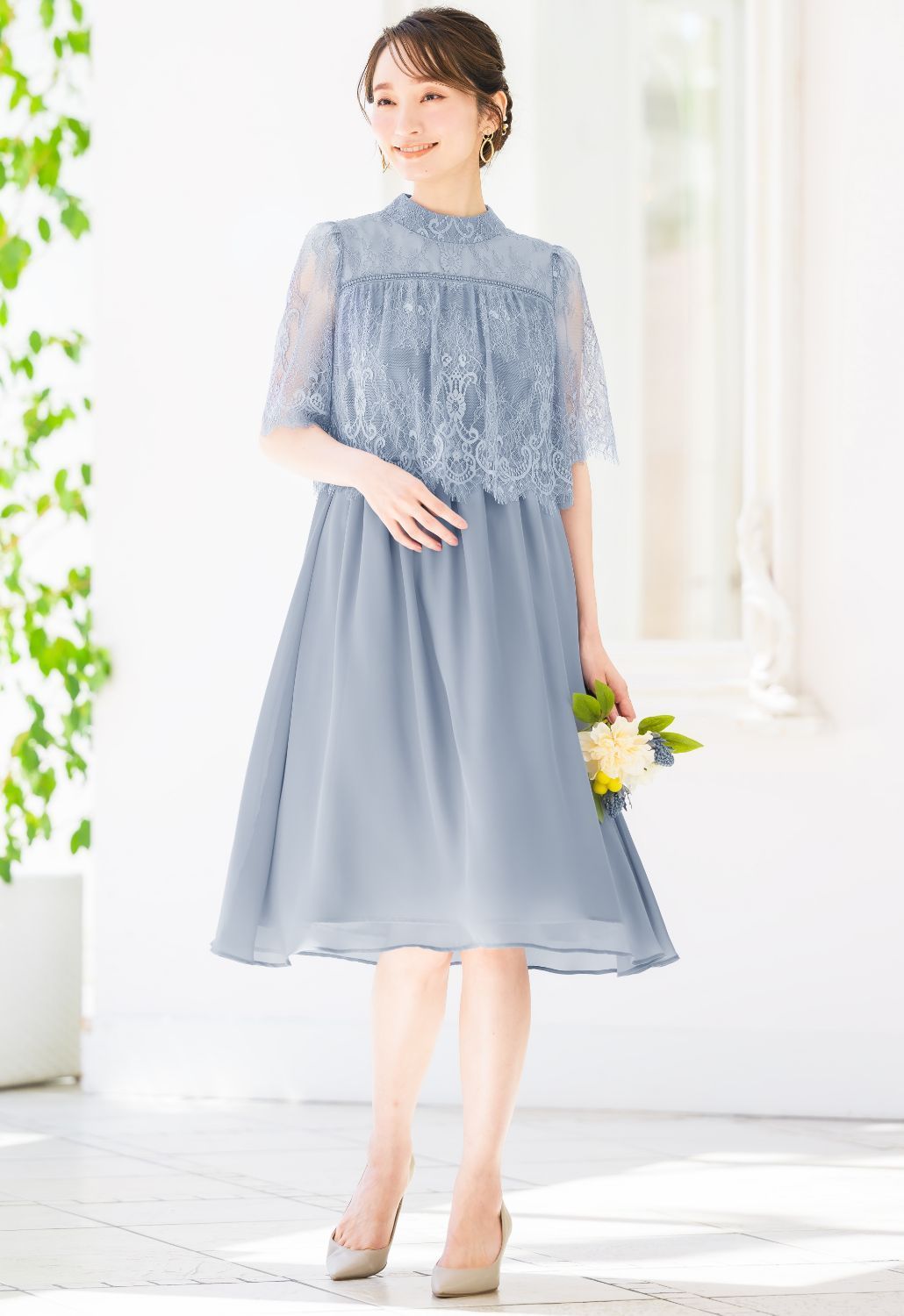 ELENA ブルーグレー ロング丈　マタニティ　お呼ばれドレス ニアナ niana 総チュールレース 結婚式ワンピース パーティー