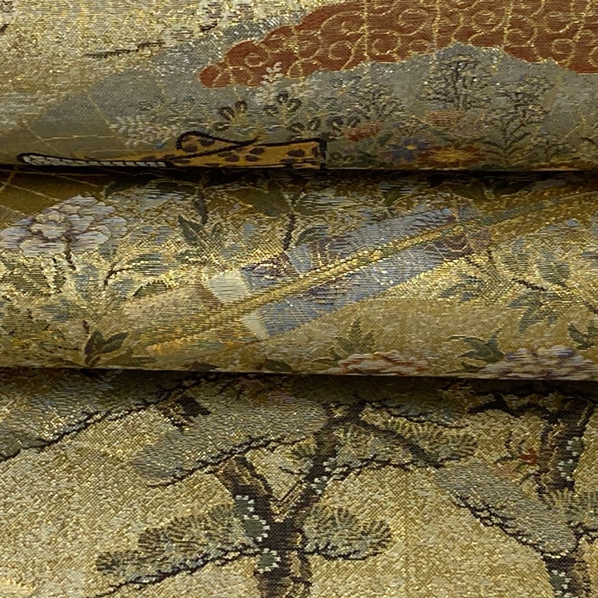 丸帯 逸品 日本紀行 風景 箔 金色 正絹 中古（丸帯 美品 逸品 桃山扇面 