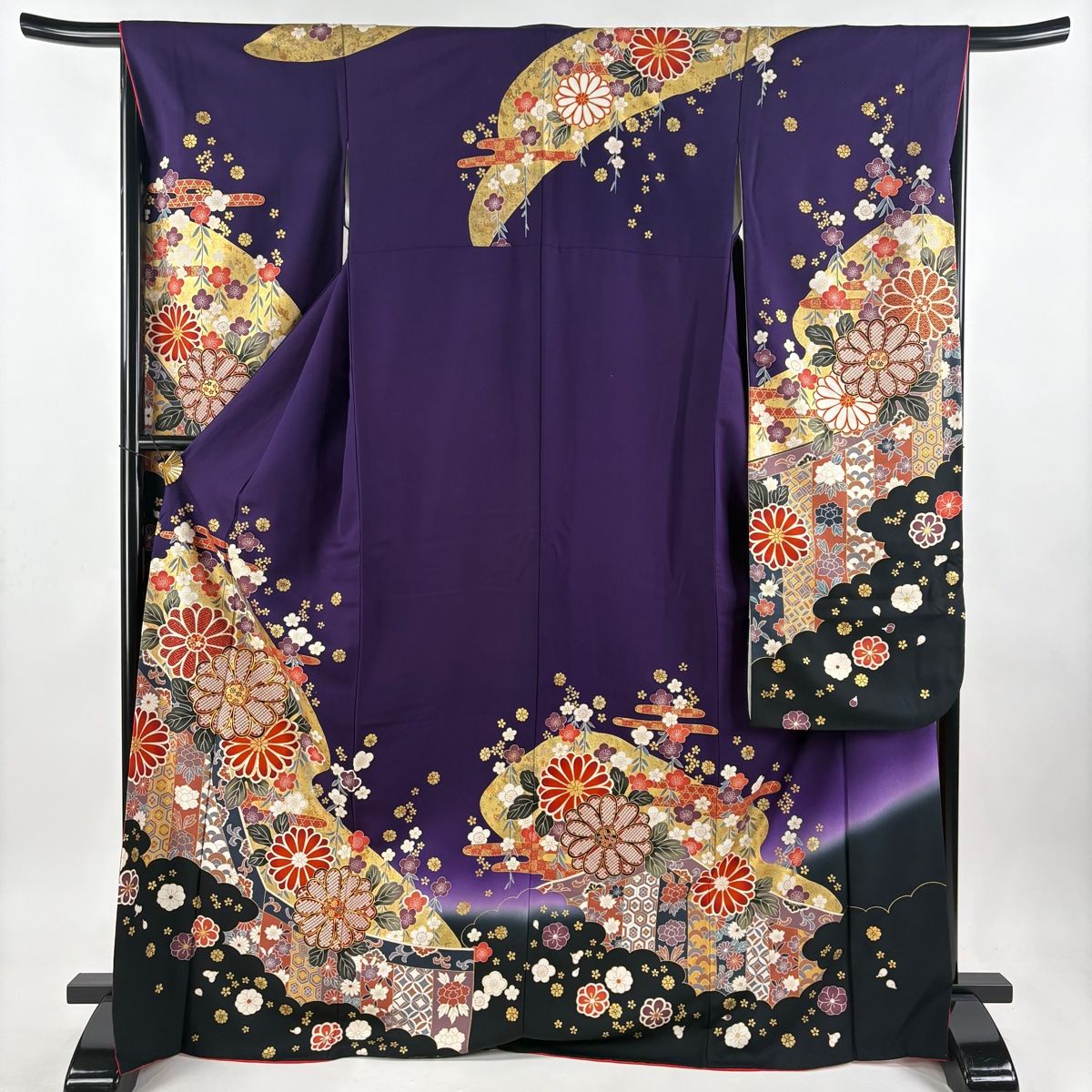 振袖 身丈170.5cm 裄丈66cm M 袷 菊 梅 金糸 金彩 濃紫 正絹