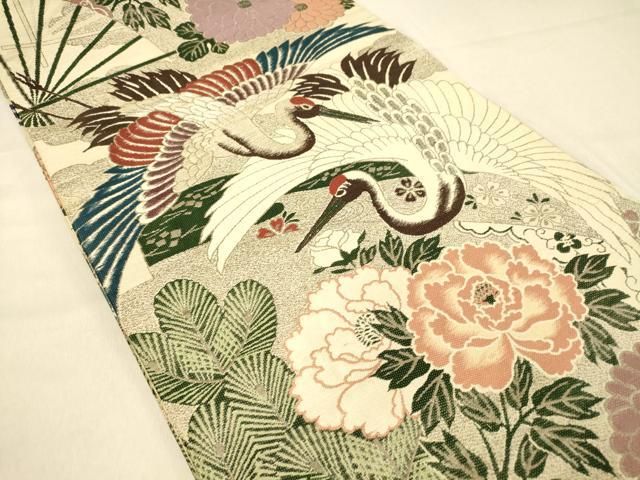 平和屋着物○アンティーク 大正ロマン 丸帯 総刺繍 草花鶴文 引き抜き