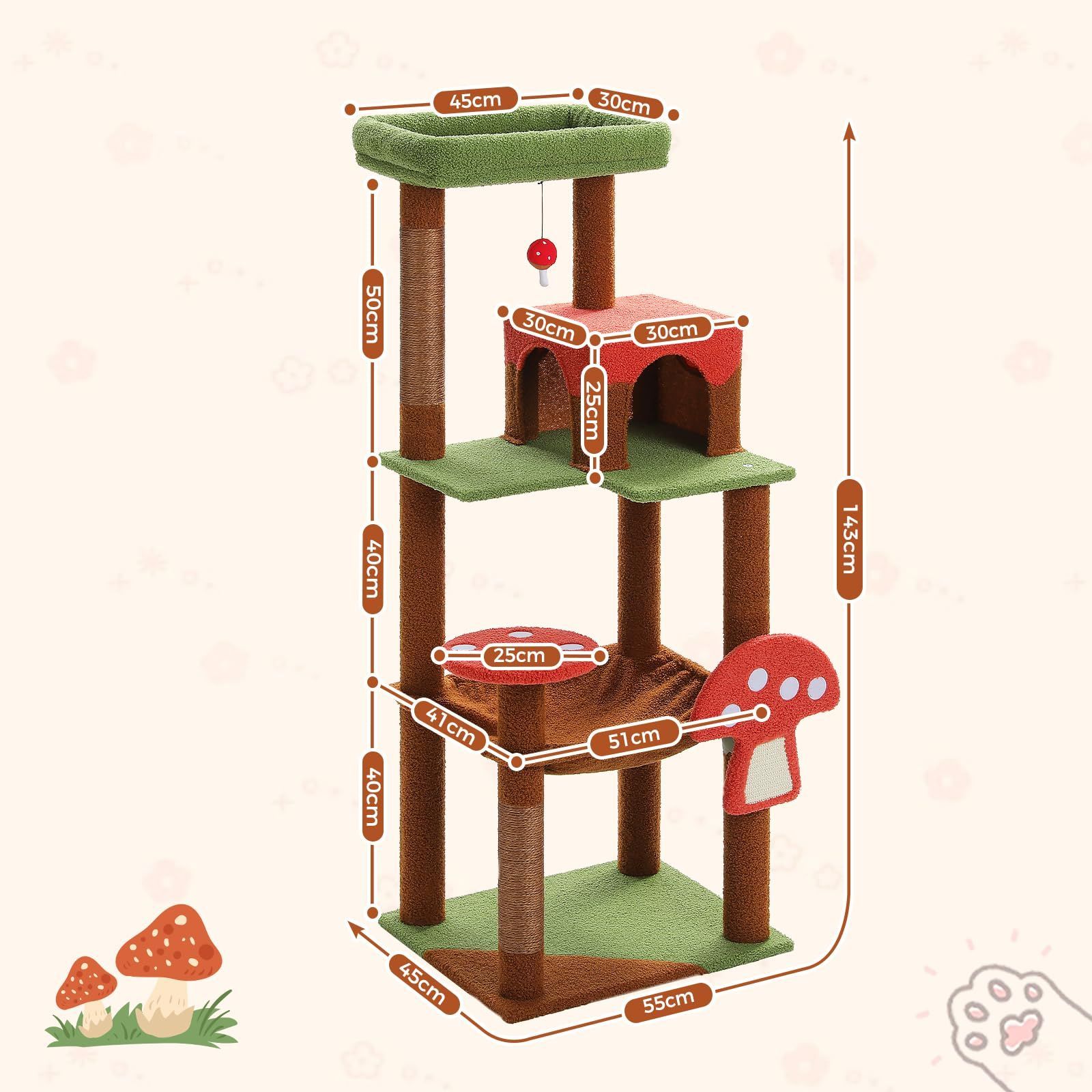品質保証で、高速配送！ 省スペース 登りやすい ハンモック キノコ 見晴台 多頭飼い ねこハウス ボンボン 据え置き 天然麻紐 猫タワー 爪とぎ 運動不足解消 大型猫用 かわいい スリム 組み立て簡単 - キャットタワー ブラウン PETEPELA ぺテぺラ 高さ143cm 【人気新作】