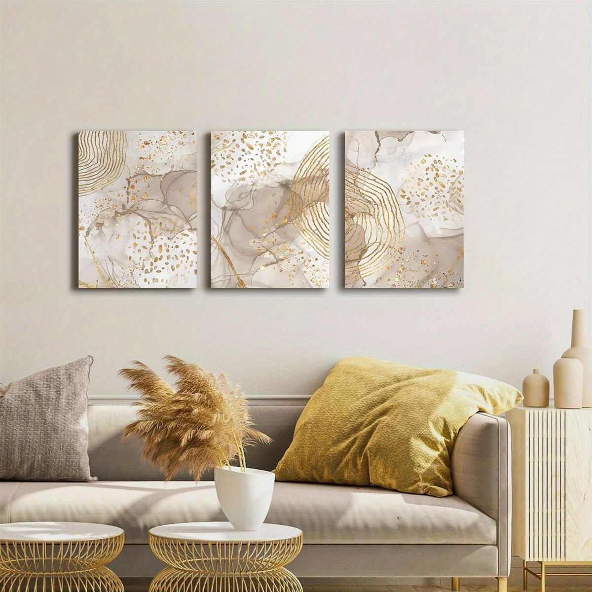 アート ウォールアート 3ピース おしゃれ 壁掛け マーブル キャンバスウォールアートセット ボヘミアン ミニマリスト ラインリリーフプリント 木製フレームのモダンデコレーション リビングルーム ベッドルーム ホーム オフィス おしゃれ ベージュ＆ゴールド