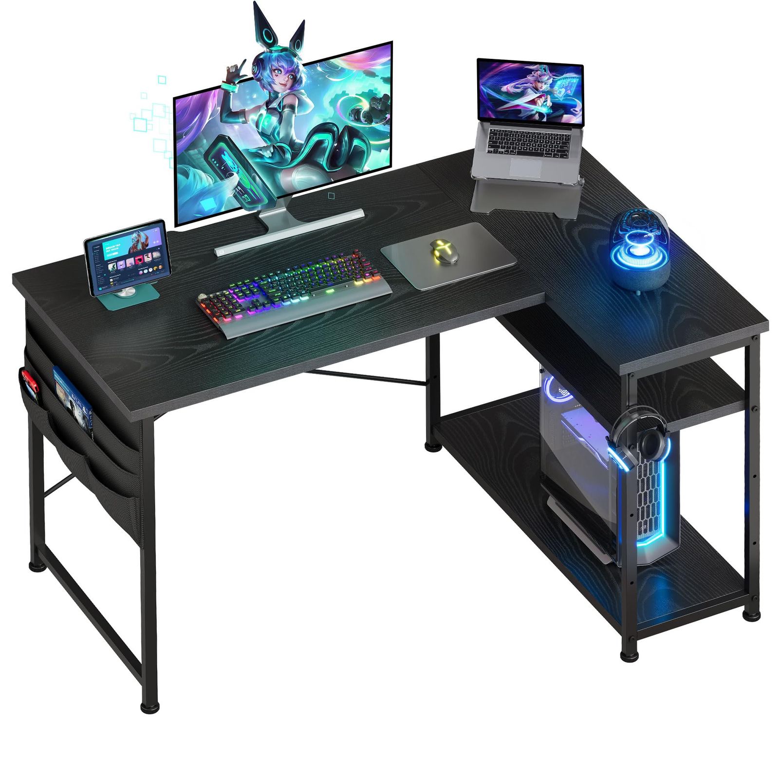 収納袋付きオフィスデスク desk ゲームデスク gaming ゲーミング机 ゲーミングテーブル 幅107cm  右棚左棚 つくえ pcデスク l字デスク ライティングデスク ゲーミングデスク 黑い YeTom