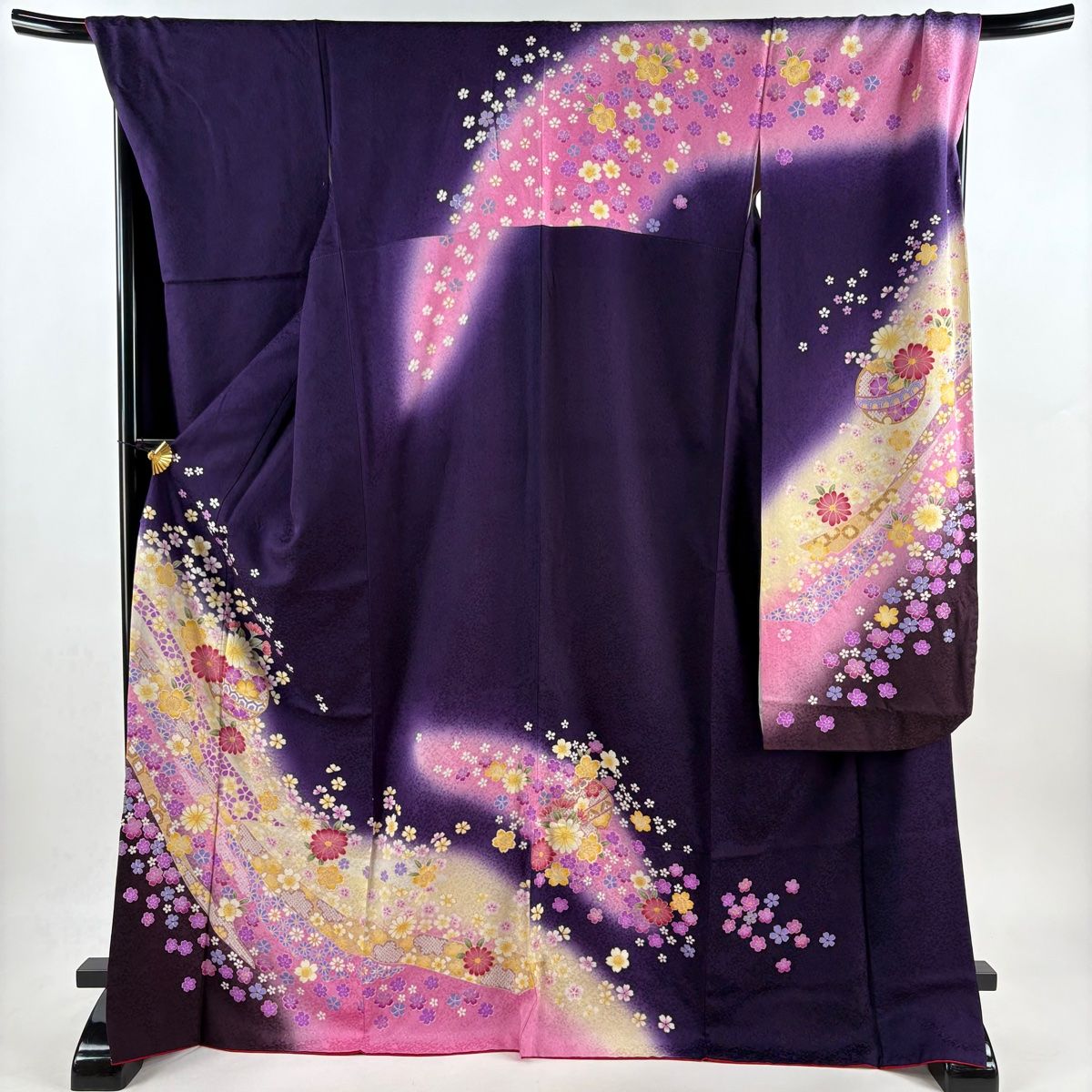 振袖 身丈172cm 裄丈72cm L 袷 鈴 菊 金彩 ぼかし 濃紫 正絹