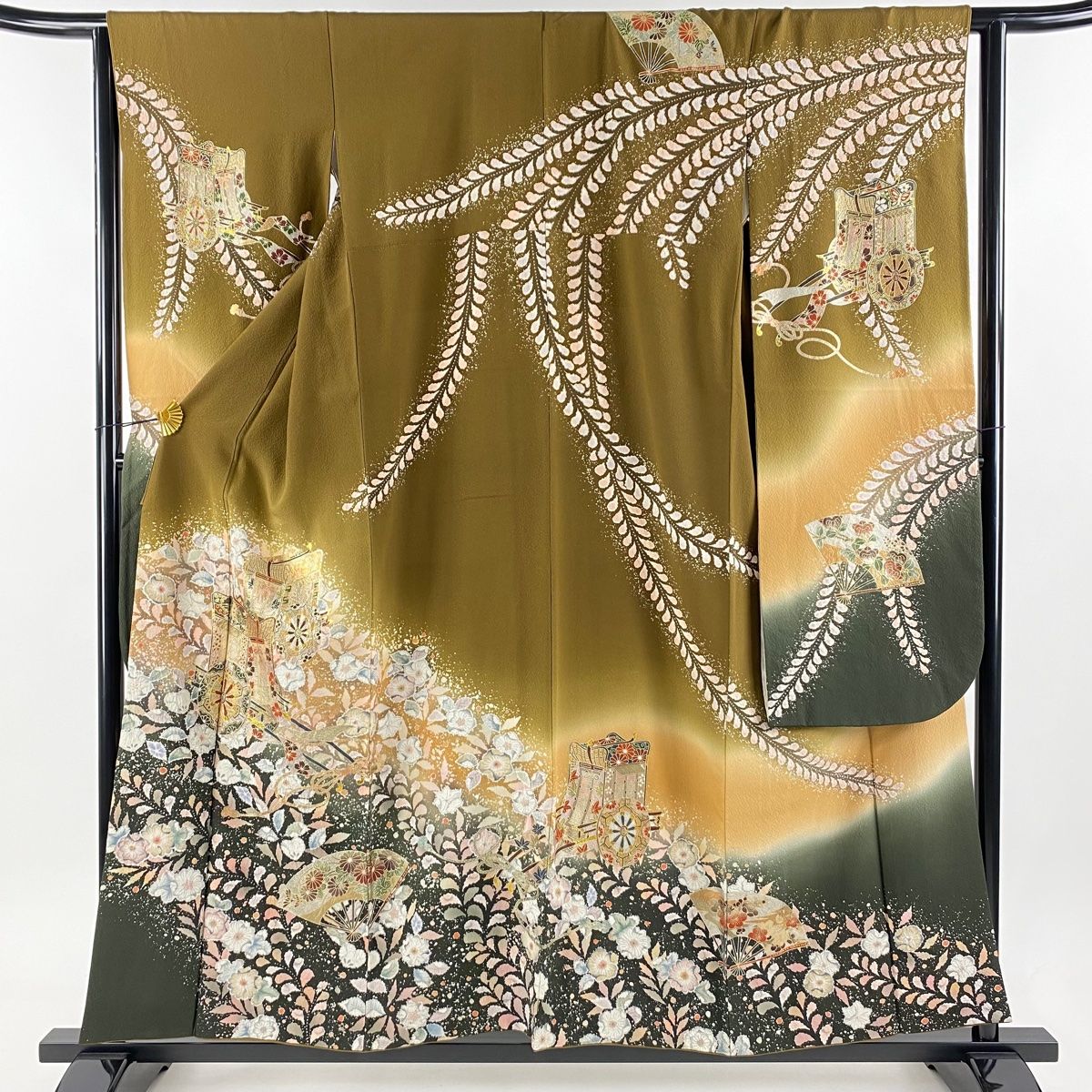 振袖 身丈155.5cm 裄丈64.5cm M 袷 翠山工房 やまと 落款 御所車 辻が花 金銀彩 染め分け 茶色 正絹