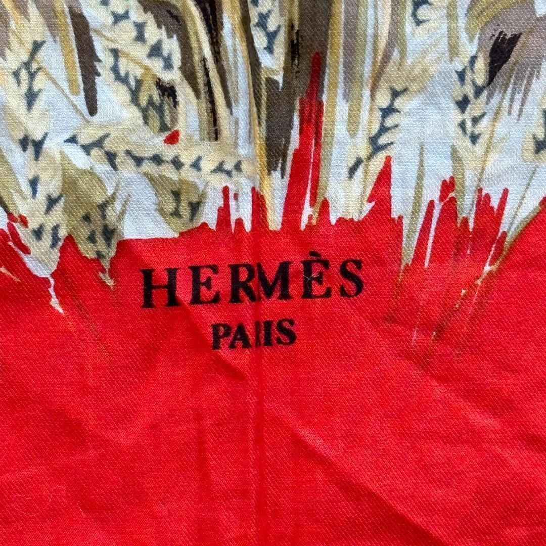 【美品】HERMES カレ60 麦畑とうさぎ　コットン人気モデルスカーフHE