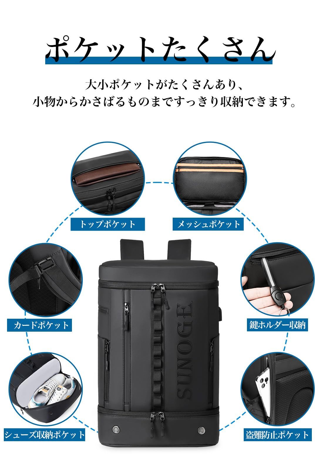 SUNOGE リュック バックパック リュックサック メンズ 大容量 防水 止水ファスナー シューズ収納 内部直結 スクエア 15.6インチ PCリュック ビジネスリュック USB充電ポート 盗難防止 30L 出張 旅行 通学 通勤 CHRISTIANNAURATH_COM_BR