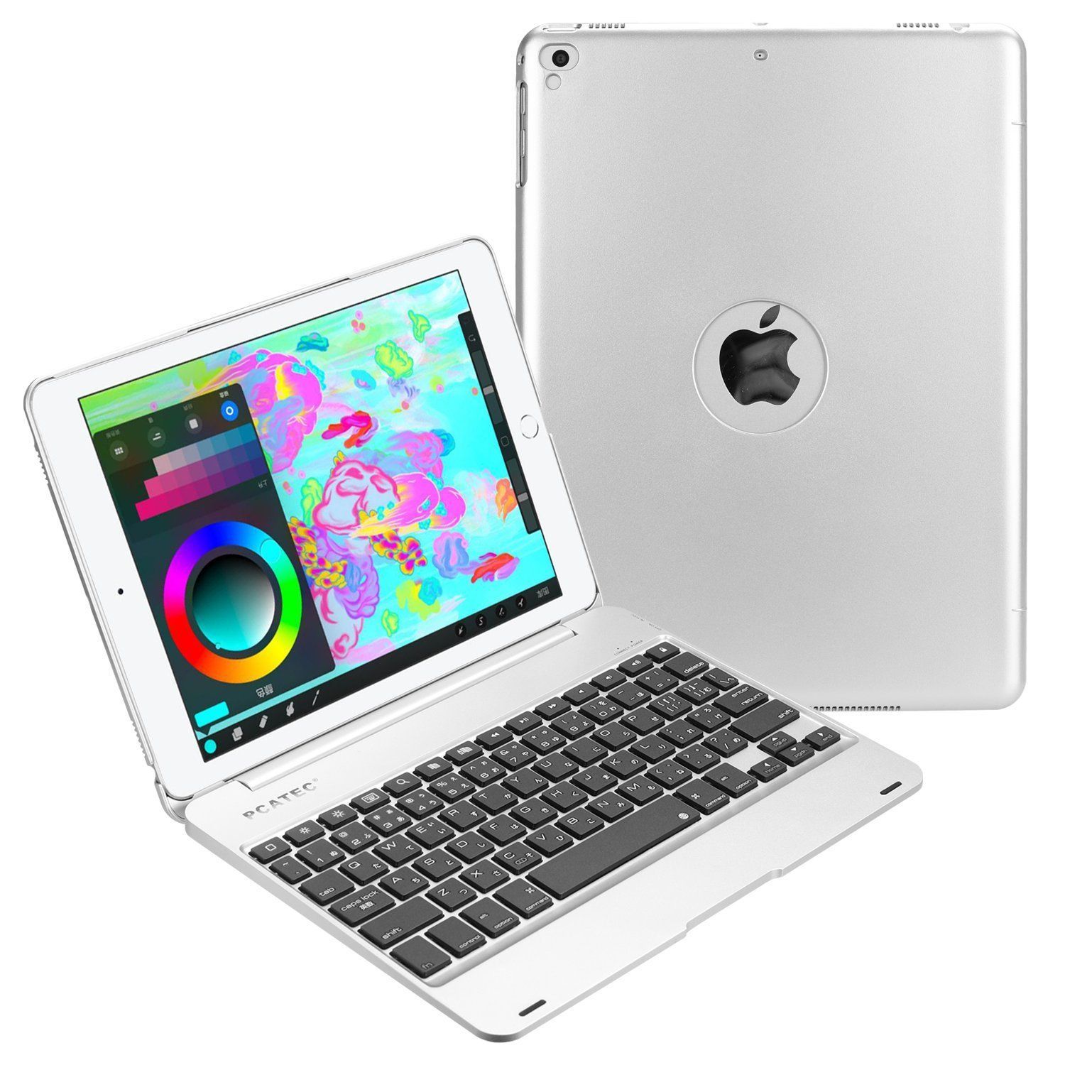 ピーシーエーテック iPad 9.7 (2018第6世代) / iPad 9.7 (2017第5世代) / iPad air 専用 Bluetooth キーボードケースPCカバー Macbookに変身 日本語かな入力対応 (シルバー)