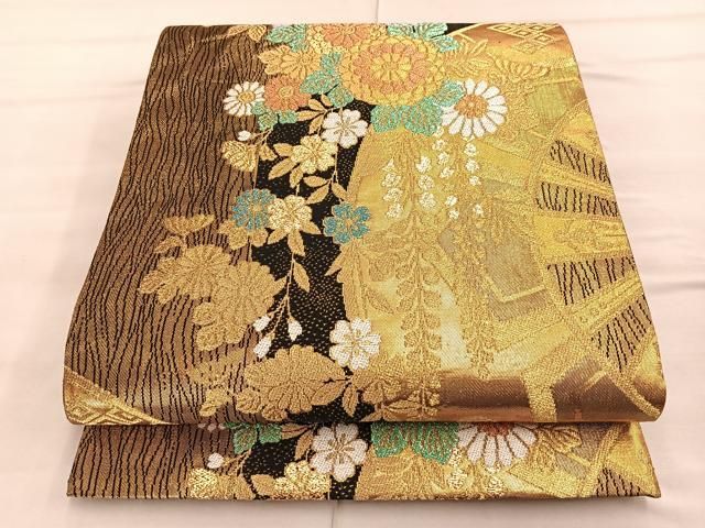 平和屋着物◎六通柄袋帯 源氏車草花文 金糸 正絹 逸品 BAAP0184du