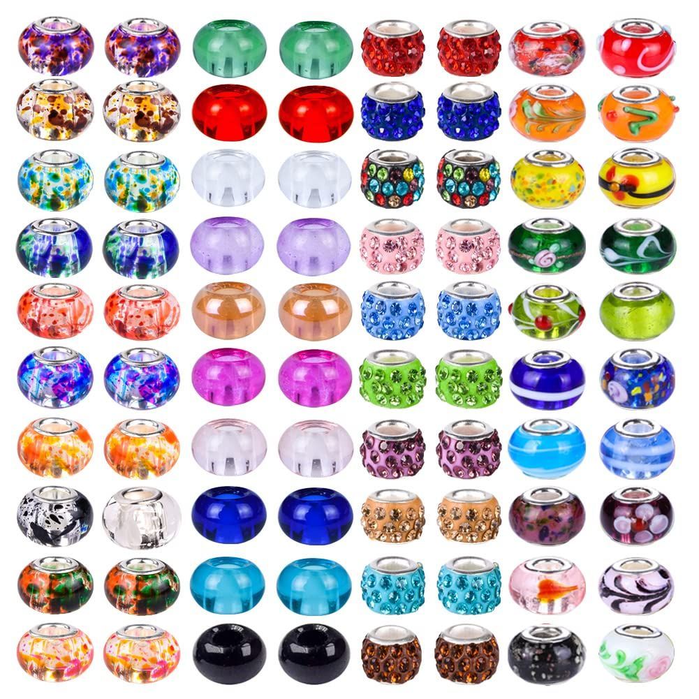 by (Patterns hand) 銅製の大きな穴ガラススペーサーを持つ100個の品揃えのヨーロッパビーズは、銅のコアのランプワークのないカラフルビーズビーズラインストーンクラフトビーズ…