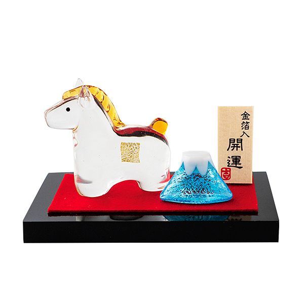 干支ガラス飾り 金の馬と富士山 2026年午年干支飾り 金箔入り ガラス
