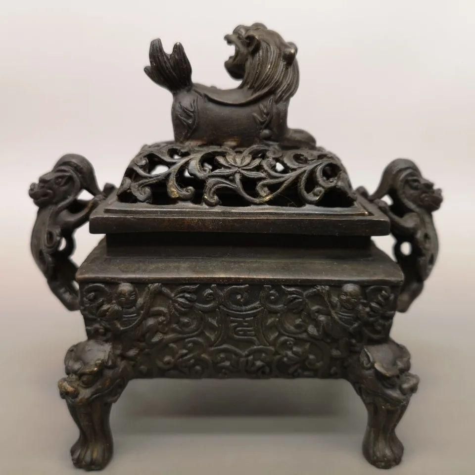 銅 細工 獅子香炉 厚重 香道具 仏具 工芸品 美術品 置物