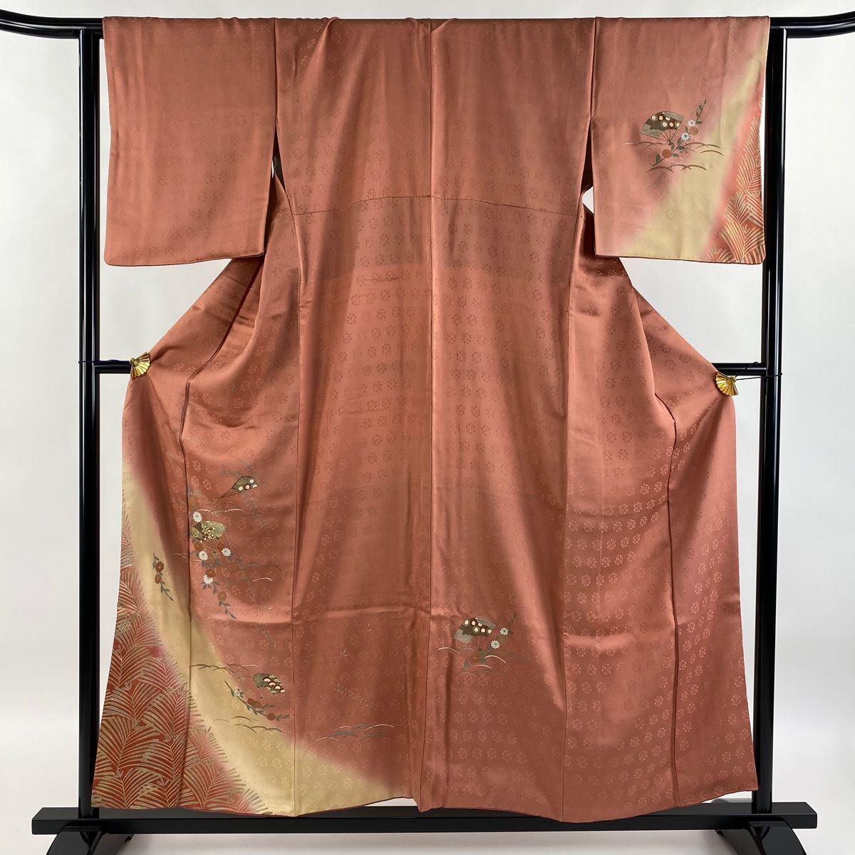 付下げ 身丈156.5cm 裄丈64cm M 袷 扇 草花 金銀彩 ぼかし