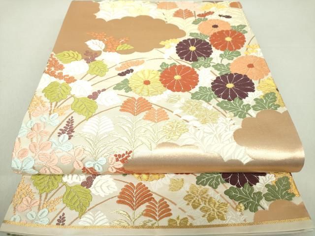 平和屋着物●西陣 河合美術織物謹製 六通柄袋帯 唐織 雲取り秋草文 金糸 正絹 DAAS3559ps