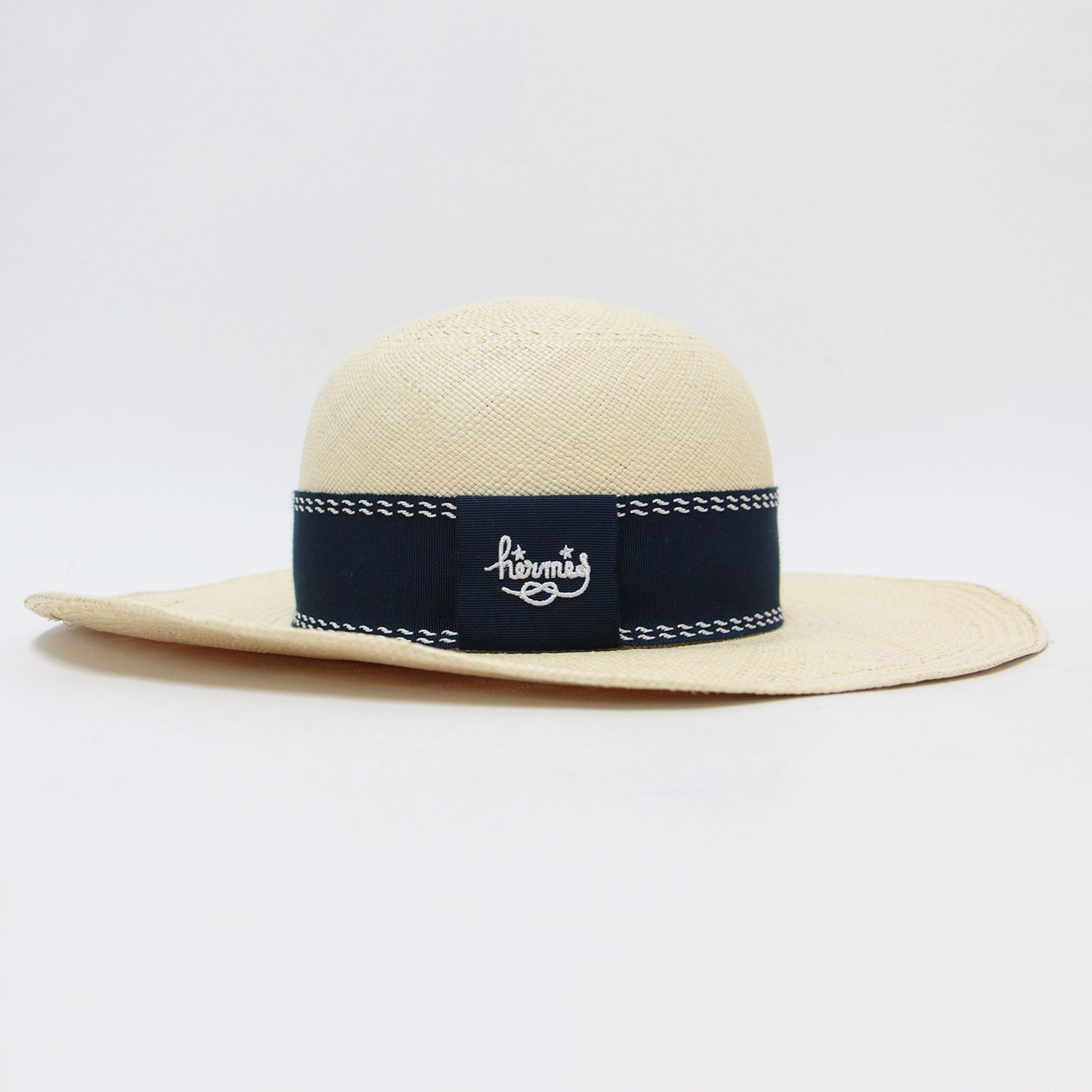 美品 HERMES ハット 帽子 ネイビー 57 ストローハット 麦わら帽子