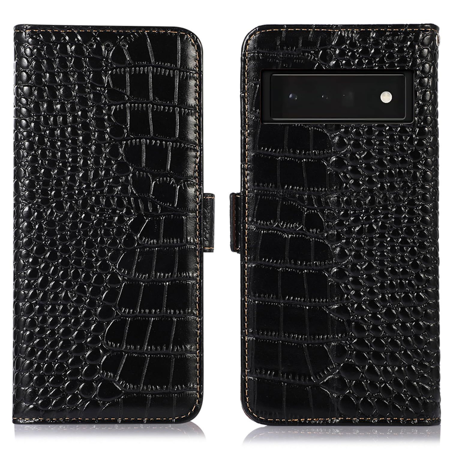 【人気商品】便利 横置きスタンド機能 マグネット式ボタン カード収納 財布型携帯 [RFIDブロッキング] 耐衝撃 クロコダイル柄 鰐柄 スマホケース 財布型 牛革 6プロ ピクセル ブラック 本革 