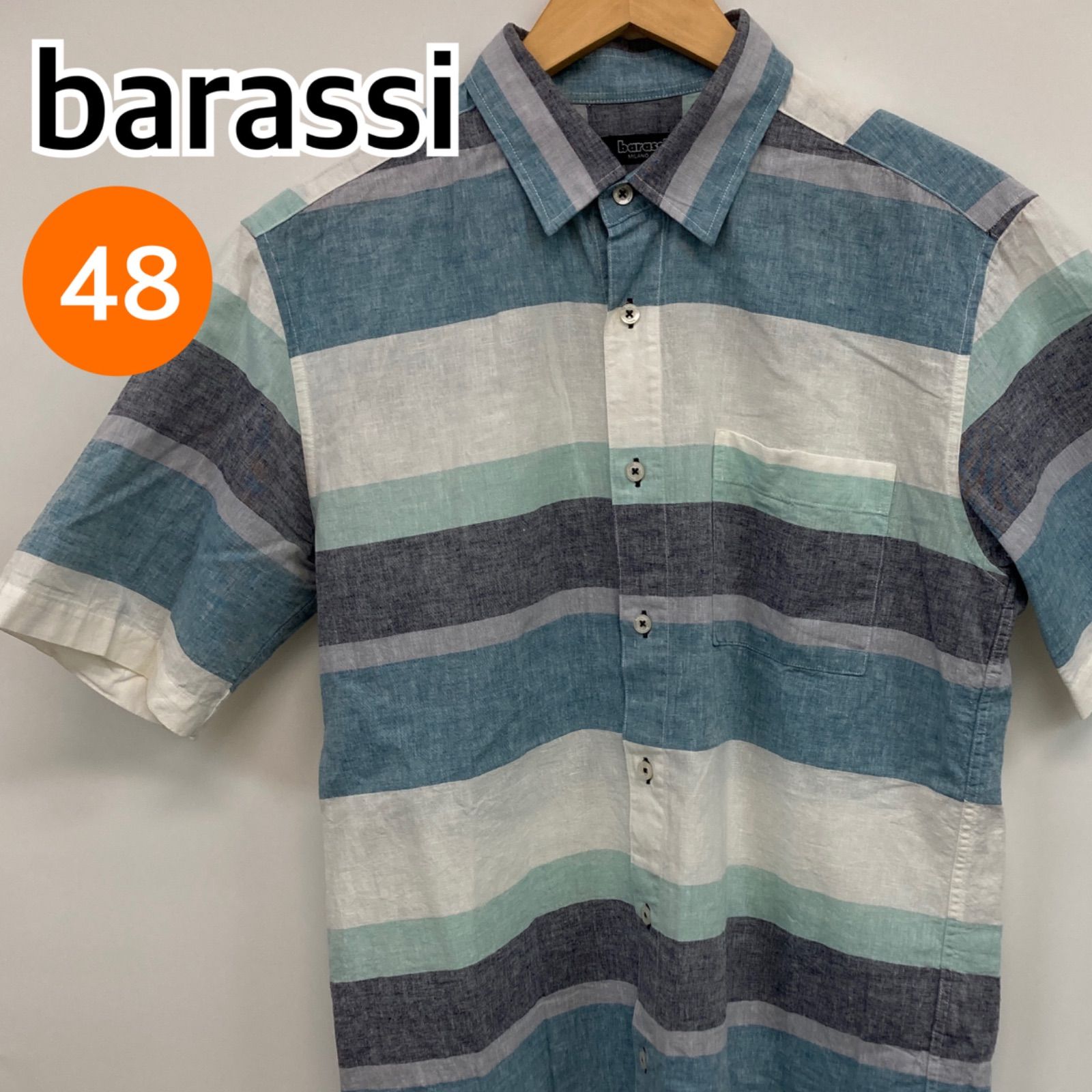 barassi バラシ トップス 半袖 シャツ ストライプ柄 ホワイト ブルー メンズ 48サイズ CT2090