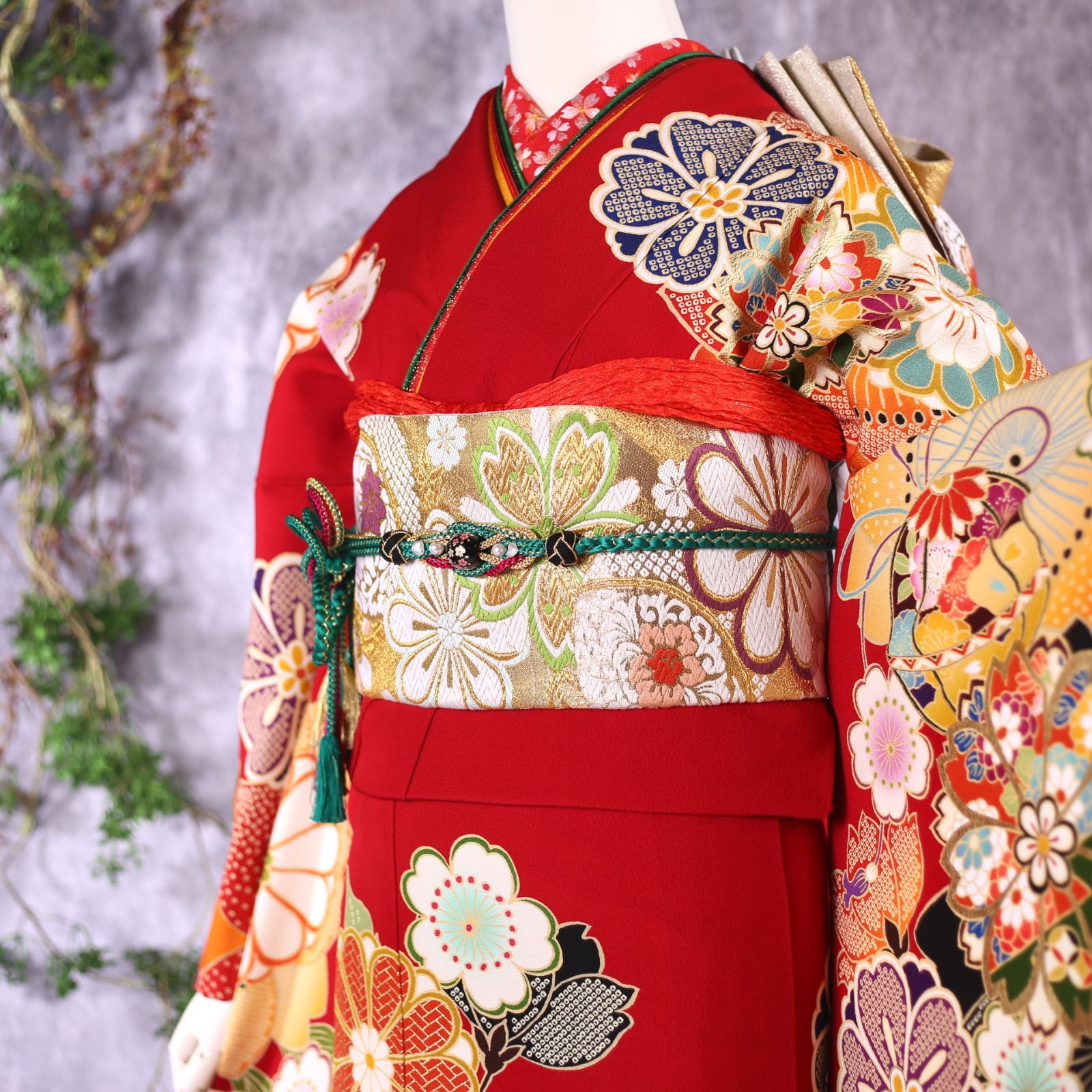 【大特価☆彡】レトロ　赤振り袖　帯　長襦袢　３点セット kyonenya_72187