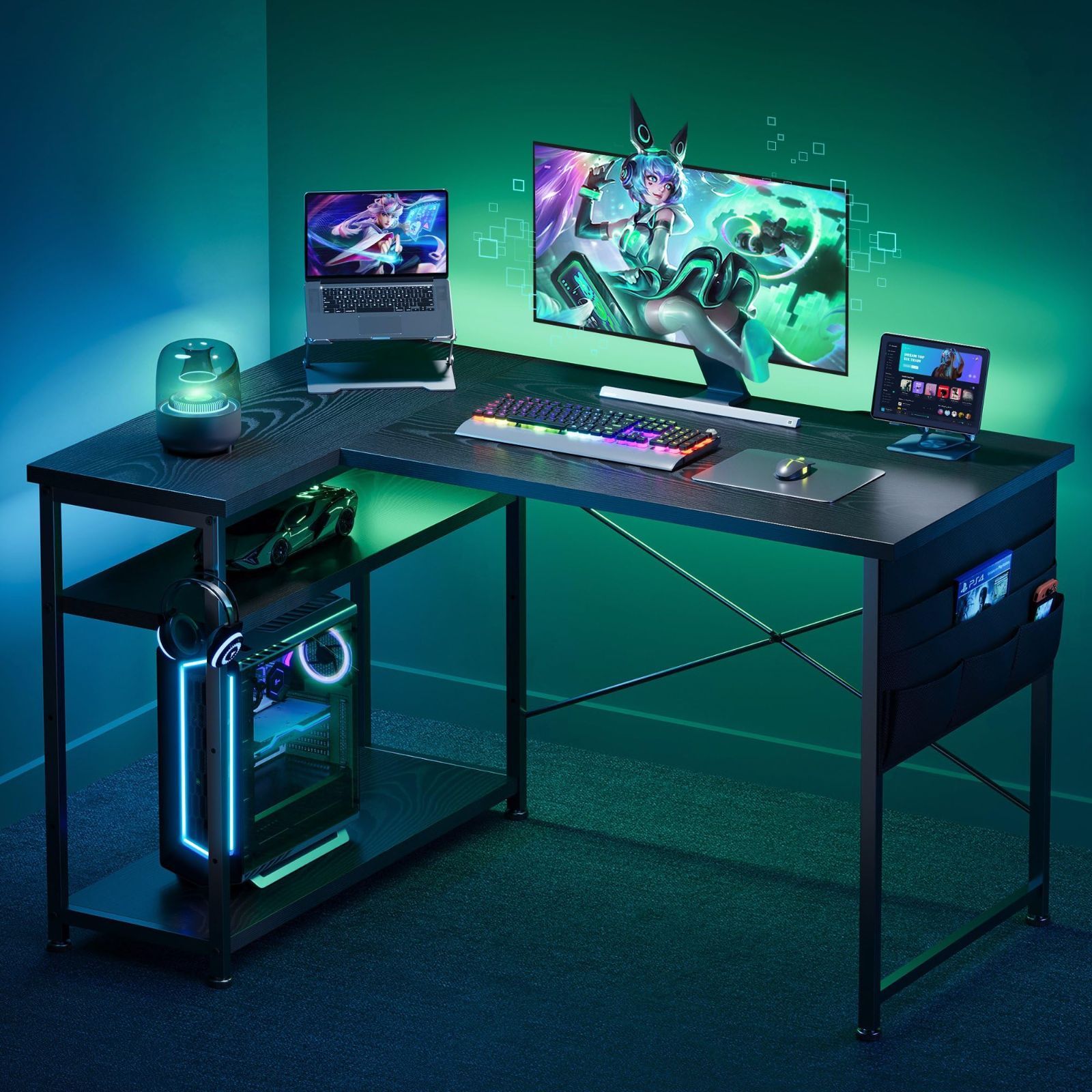 幅107cm ゲーミングテーブル 右棚左棚 収納袋付きオフィスデスク pcデスク ゲームデスク ゲーミング机 l字デスク つくえ ゲーミングデスク ライティングデスク YeTom 黑い