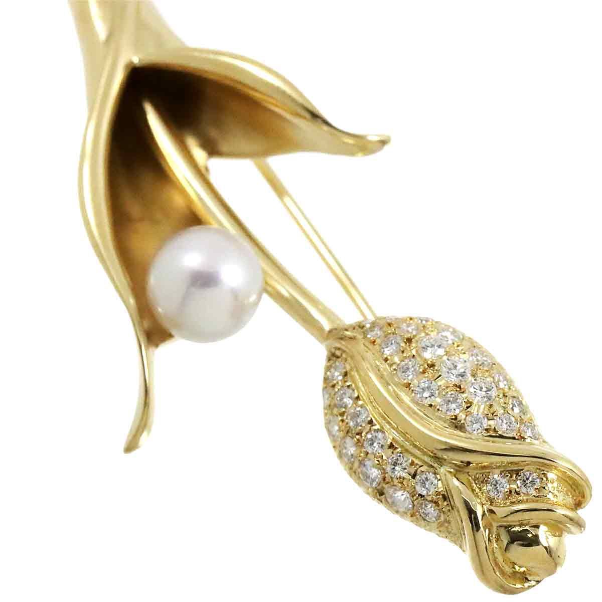 ミキモト MIKIMOTO アコヤ真珠 6.8mm ダイヤ ブローチ K18 YG イエローゴールド 750 パール 花 Pearl Brooch 90244201