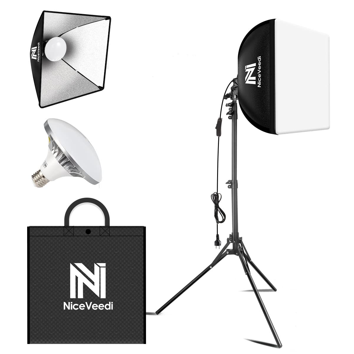 NiceVeedi 写真撮影ソフトボックス 40x40cmライトボックス LED 撮影用照明キッ 160cm調整 三脚付き 5400K 写真照明用セット 折り畳み式スタジオ照明キット 収納バッグ付き お持ち込みやすい ポートレート スタジオ撮影用
