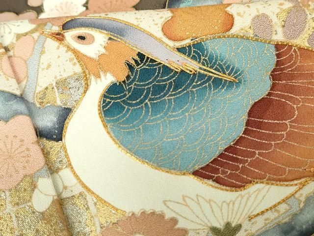 花柳流 紋付き 正絹着物 平和屋着物□豪華色留袖 駒刺繍 花鳥枝梅文 金銀彩 正絹 逸品