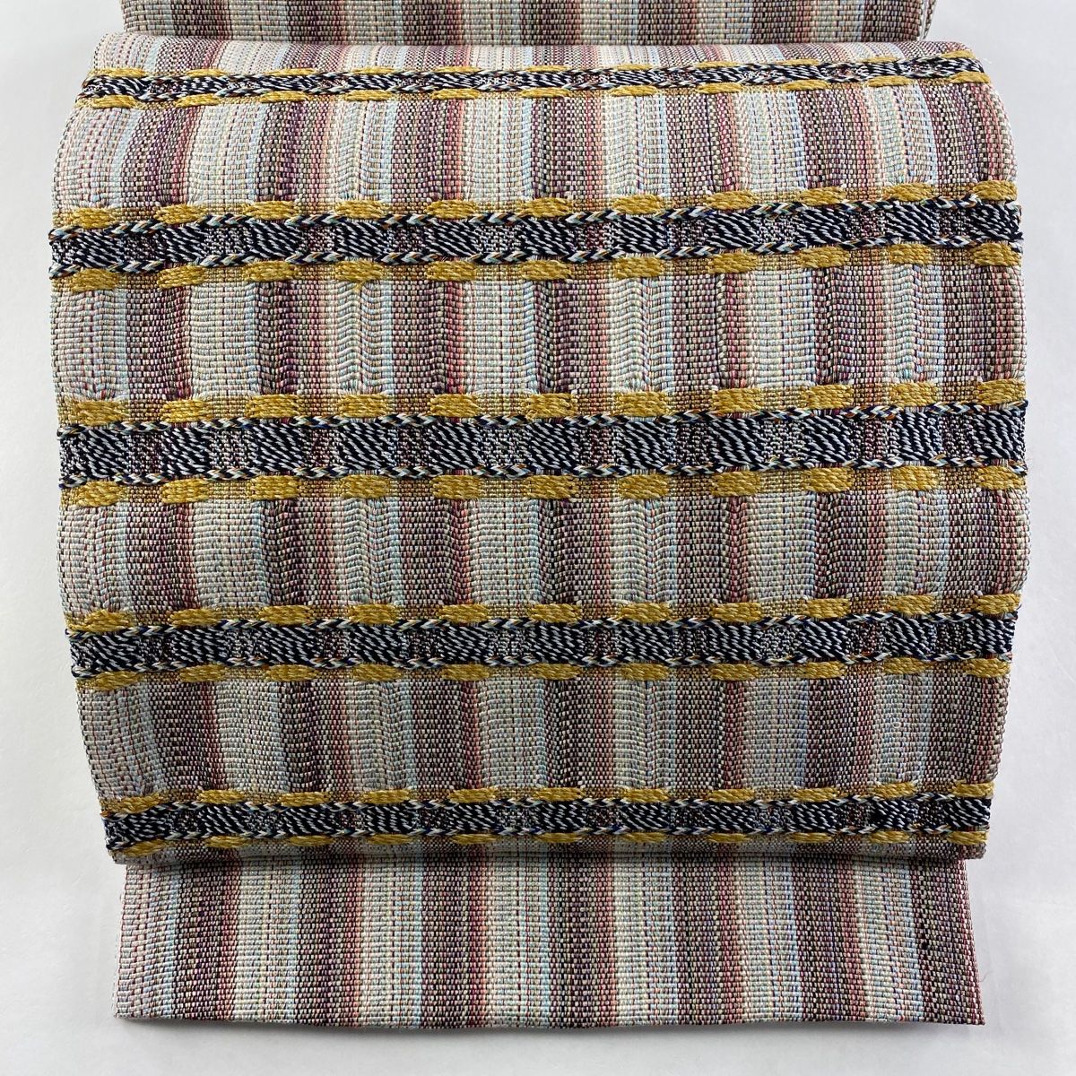 袋帯 縞 銀糸 灰白 お太鼓柄 正絹