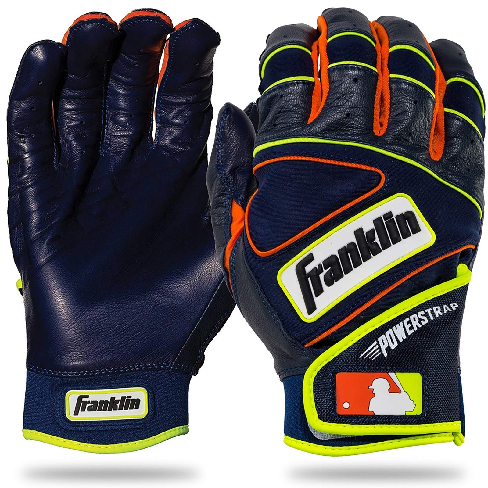 (Youth Medium， Navy/Orange/Yellow) - Franklin Sports MLB Powerstrap Batting Gloves 