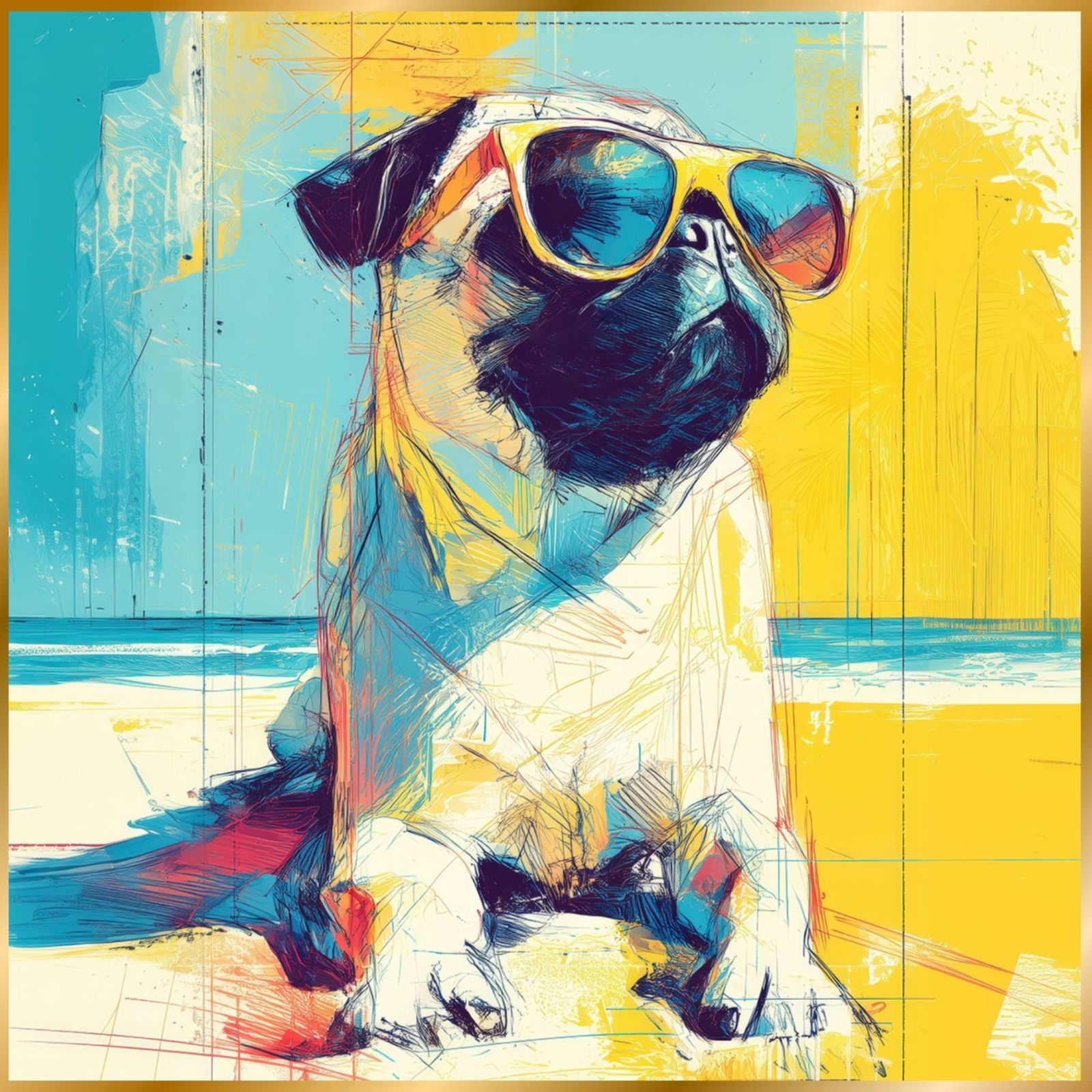 パグ犬とビーチのスケッチ No.3】ジークレー版画＊名入れOK！ 海・犬の