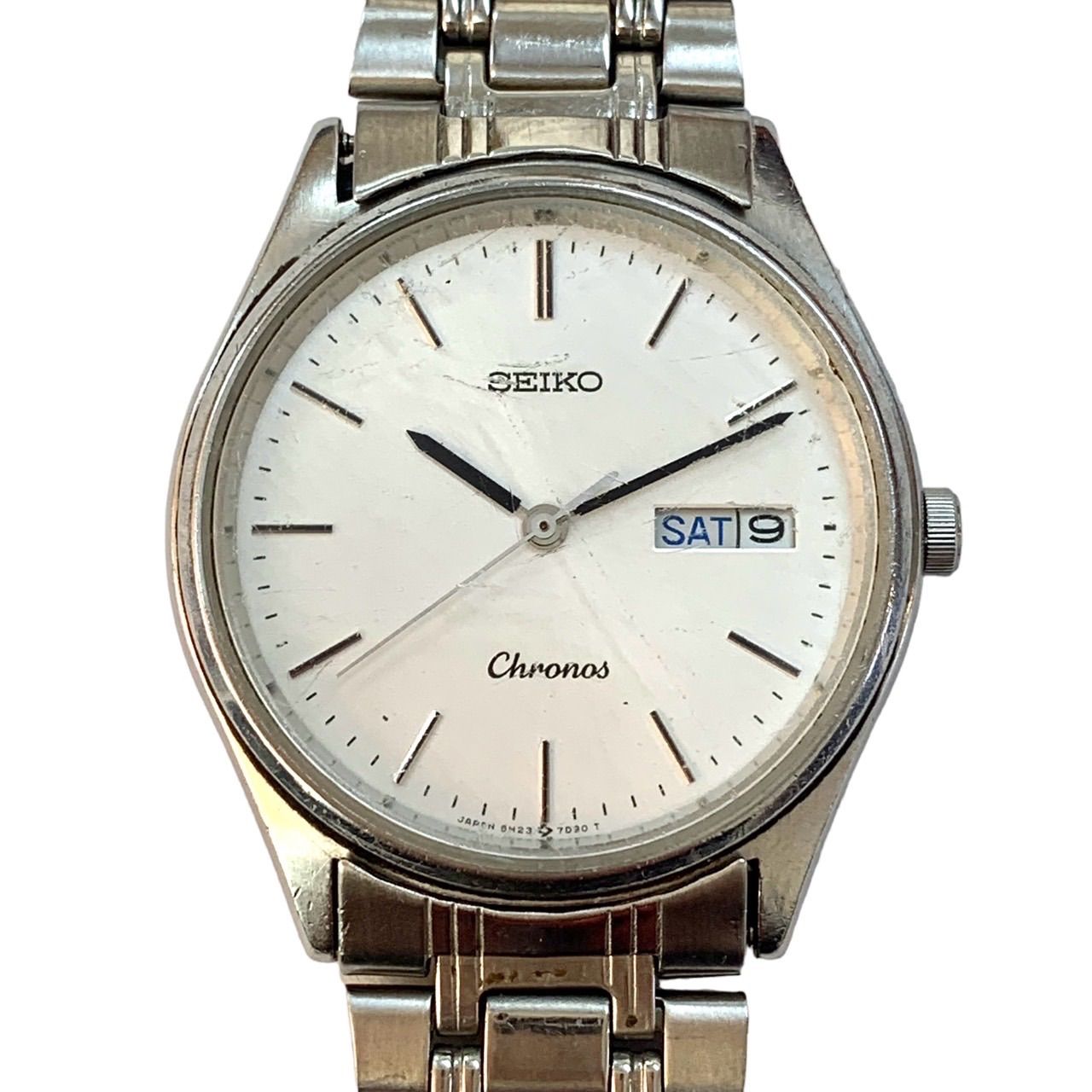 【ヴィンテージの秀品 SEIKO Chronos】セイコークロノス 5H23-7D40 アナログクォーツ/ステンレス/和英切替カレンダー/2023.12.02新品電池交換済み/稼働中/日本製/ベルト社外品/7N0223 (AYA)231208001003