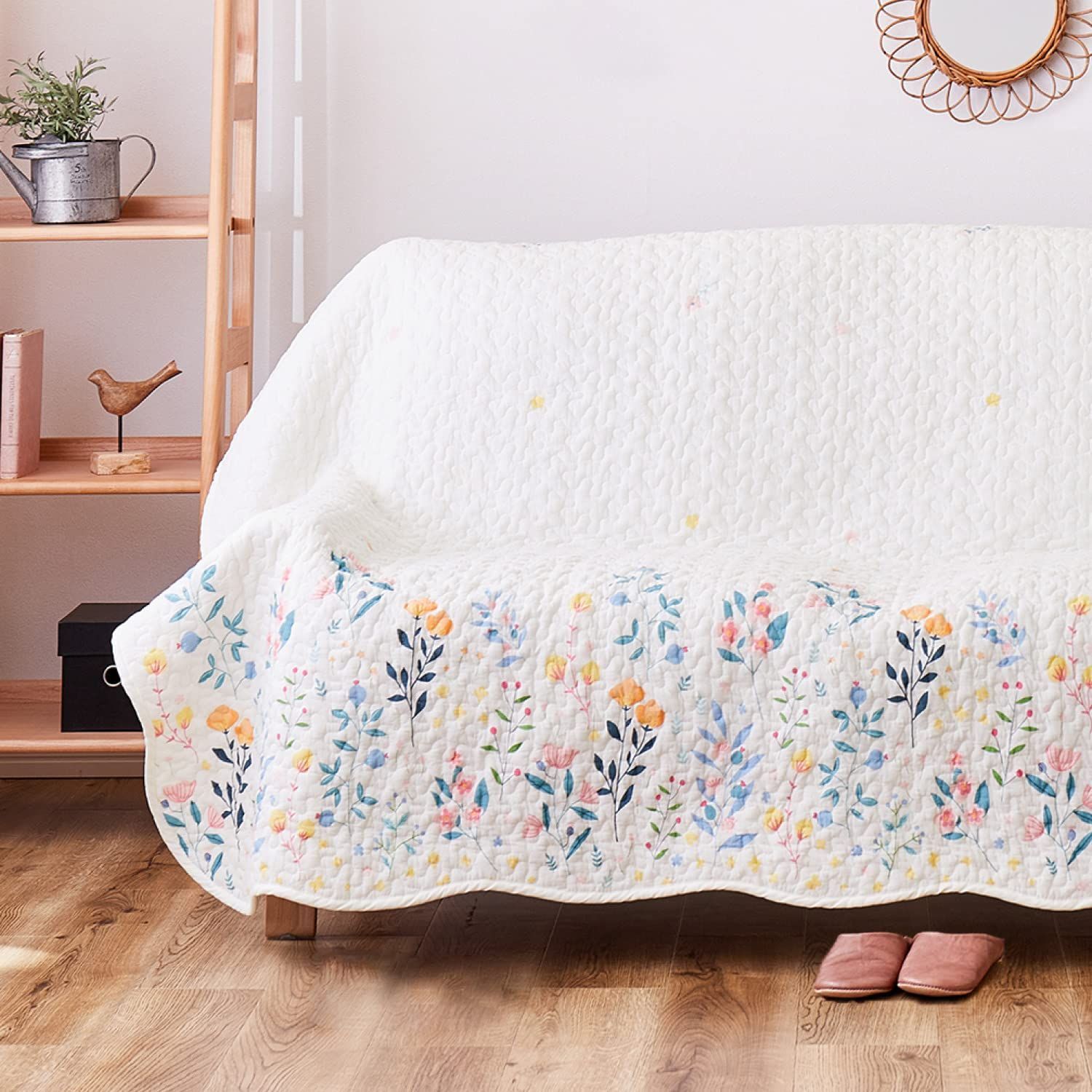 【人気商品】約190×190cm マルチカバー 「ボタニカル」 ソファカバー ベッドカバー キルト 綿 萩原 コットン リバーシブル 洗える ホットカーペット・床暖房対応 アイボリー