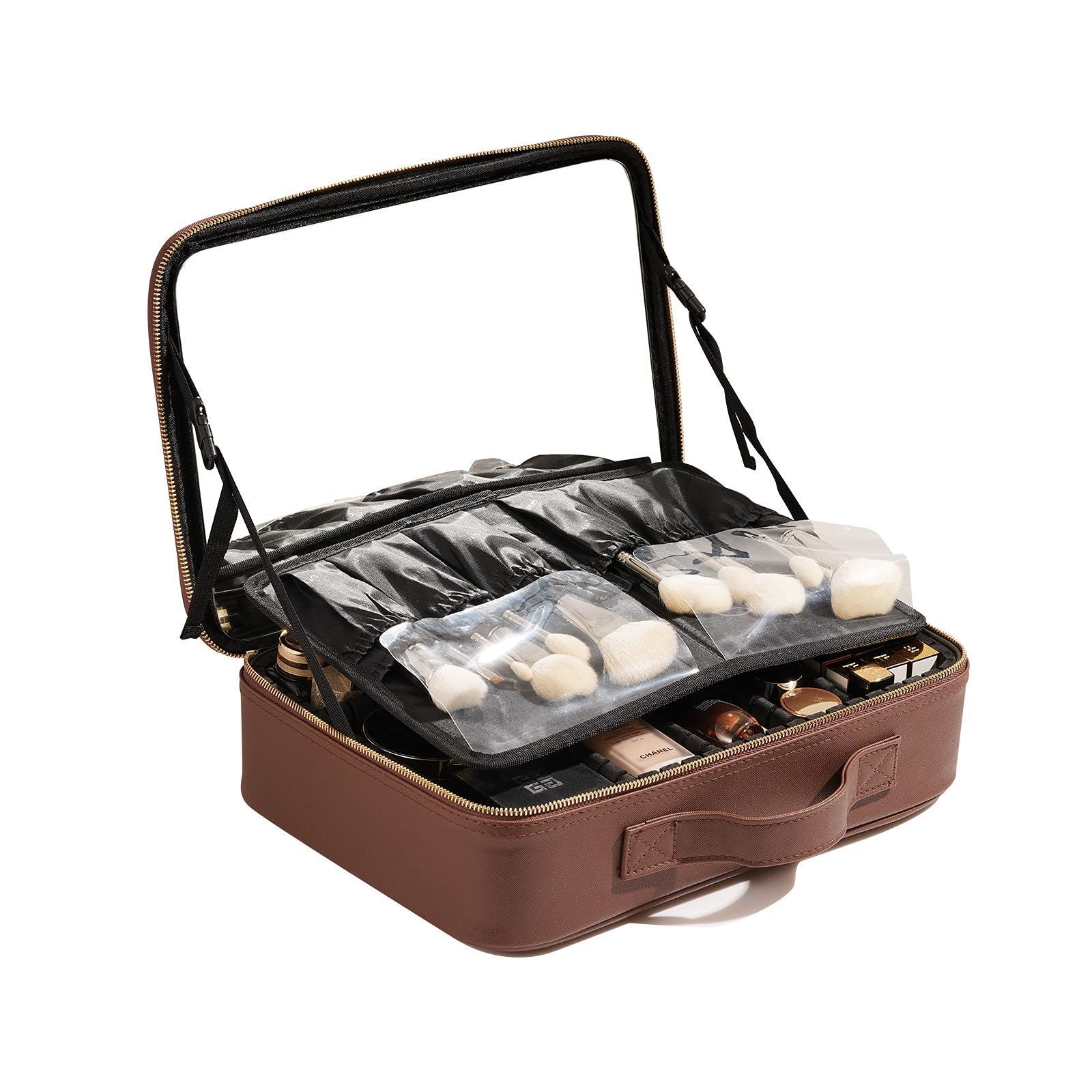 Color:Brown_Size:Mサイズ (x 1) Rownyeon メイクボックス 大容量 鏡付き 取り外し コスメボックス 化粧箱 化粧ボックス ミラーつき プロ仕様 ドレッサー ボックス メイク道具収納 大容量 ブラシいれ 