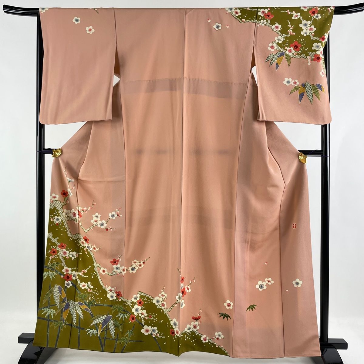 訪問着 名品 花井幸子 落款 枝梅 笹 金糸 金彩 ピンク 袷 身丈163cm 裄