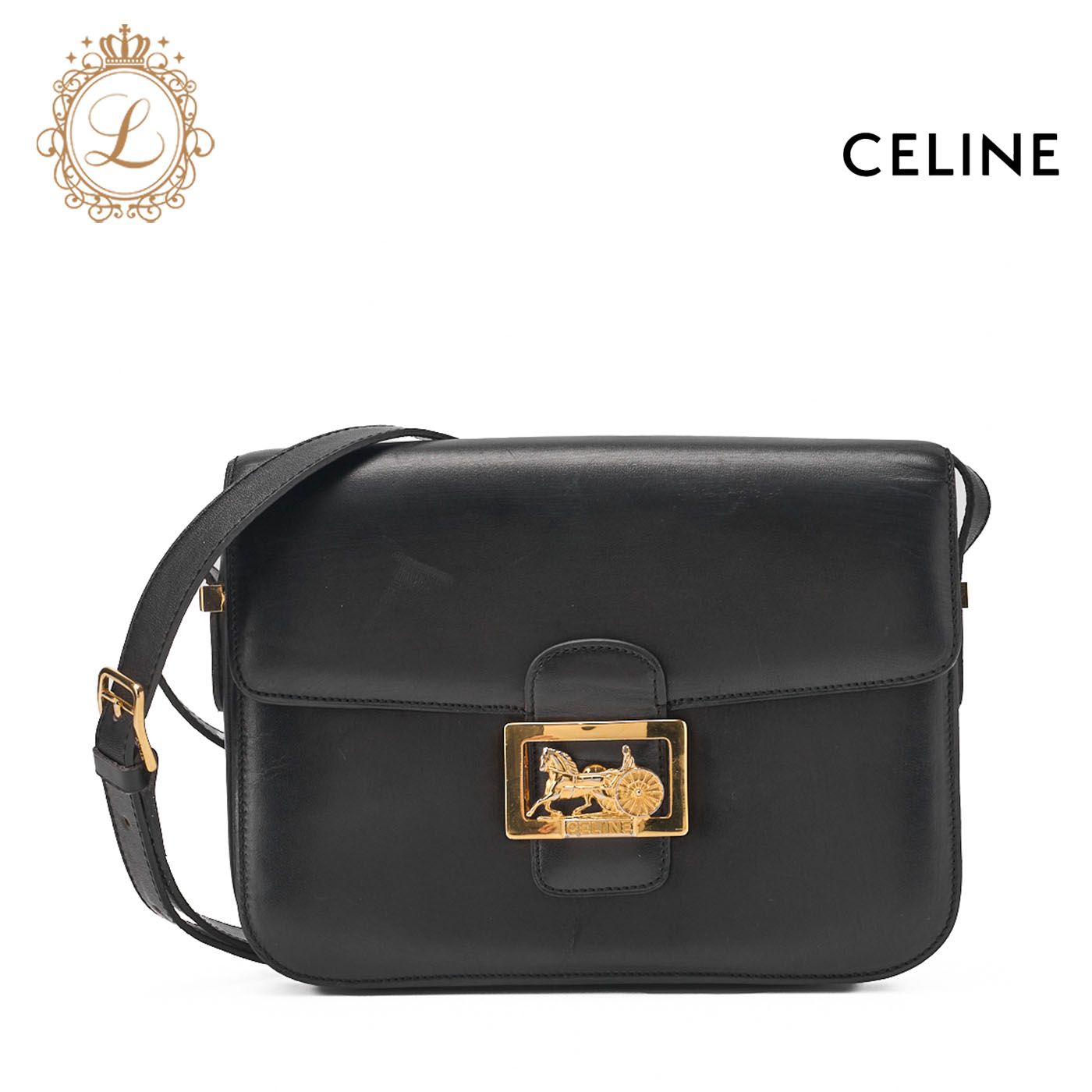 CELINE セリーヌ ショルダーバッグ 馬車 カーフスキン 黒 ゴールド金具