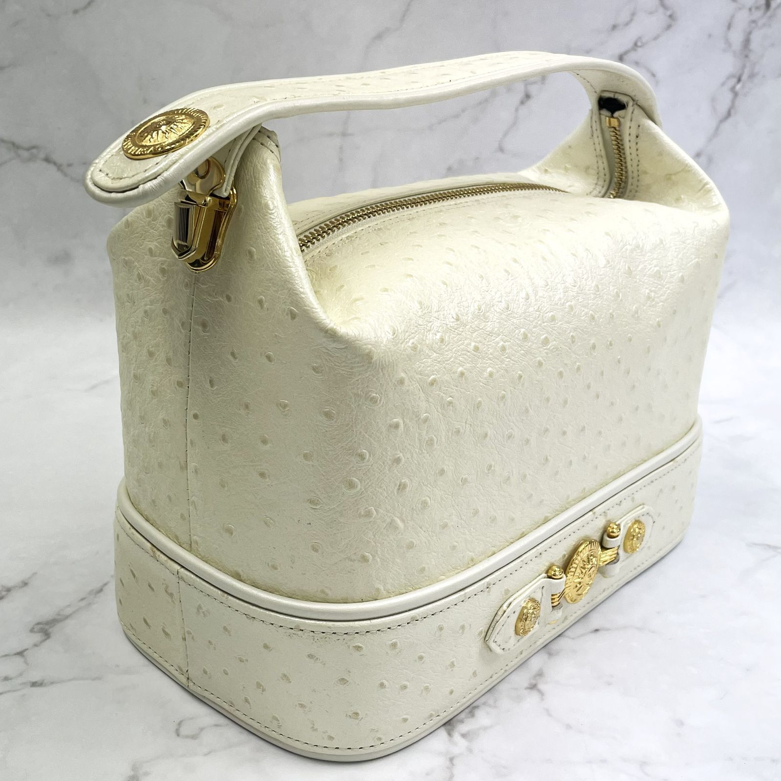 T/VERSACE ヴェルサーチ オーストリッチ型押し ハンドバッグ バニティ 