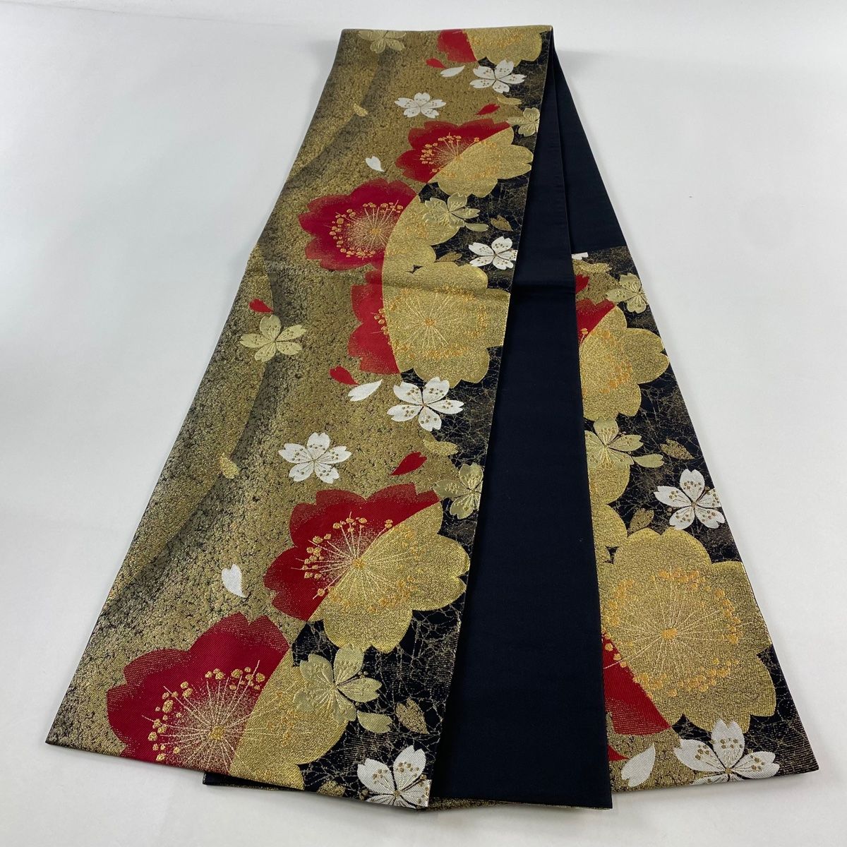 412y4☆袋帯 金糸 桜 鹿の子 曲線 花びら 金 黒☆美品 412y4☆袋帯 金糸 桜 鹿の子 曲線 花びら 金 黒☆美品 - メルカリ