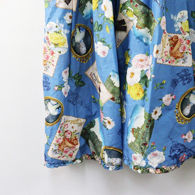 ブーケモチーフプリントミディワンピース ブルー