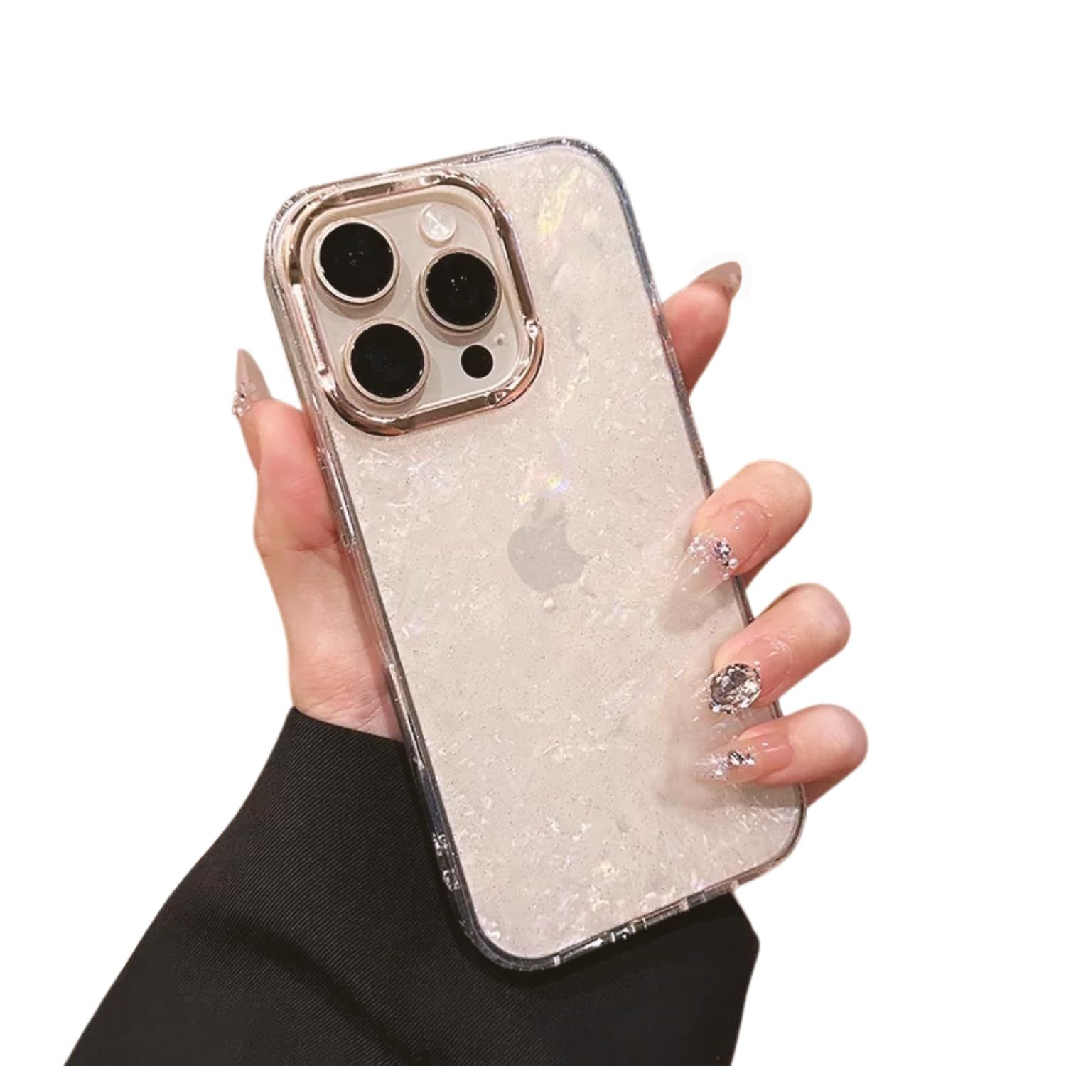 saymi's パール シェル ラメ 韓国 iPhone16 ケース 大理石みたいな美人ケース ゴールドライン ほんのり透け感 パウダーラメ 可愛い おしゃれ (iPhone16)