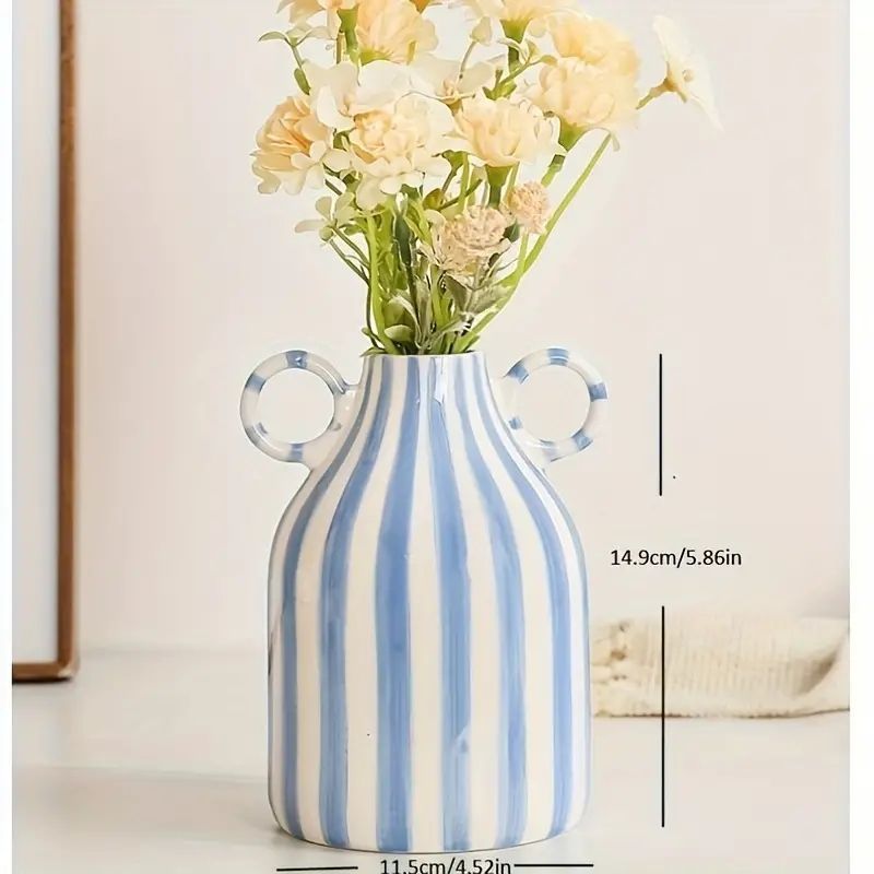 ストライプ柄セラミック花瓶1pc 手描きのシンプルな花器、手描きの両耳