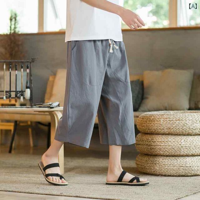[5XL] メンズ ファッション 服 男性用 オシャレ シンプル 大人 かっこいい 大きいサイズ ストリート 紳士服 クロップド パンツ 夏 薄手 リネン コットンリネン ゆったり ワイド レッグ カジュ 5.6オンス 種類133：5XL&frasl;T：ライトグレーダークブルー メンズ