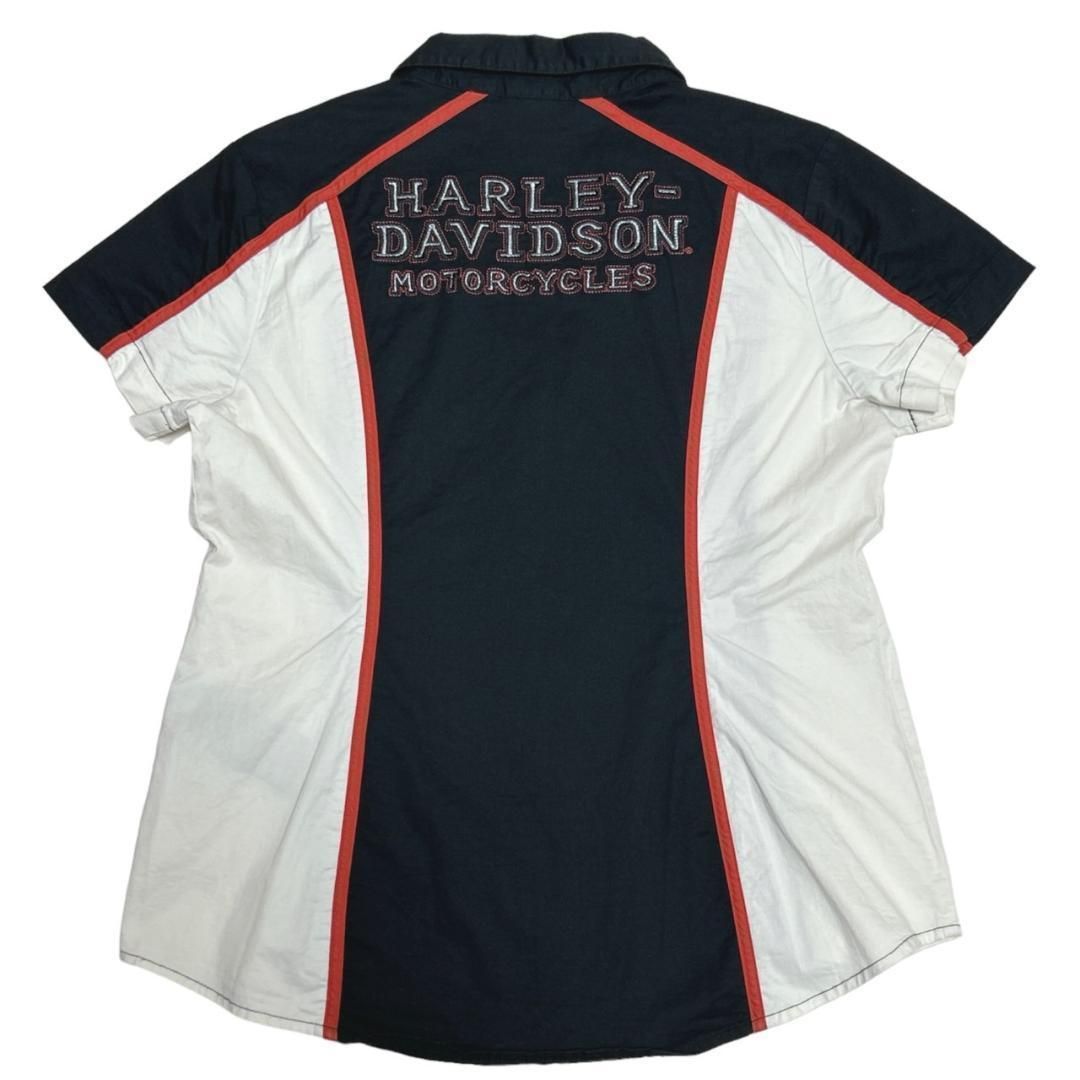 ハーレーダビッドソン フルジップ ロゴ刺繍 半袖ワークシャツ ブラック L