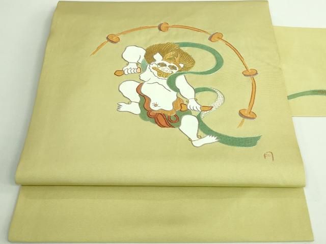 平和屋着物■極上　京縫　月聖子　塩瀬　九寸名古屋帯　刺繍　雷神　抹茶色地　金彩　逸品　DZAA9541kh5 平和屋着物□極上 京縫 月聖子 塩瀬 九寸名古屋帯 刺繍 雷神 抹茶色地