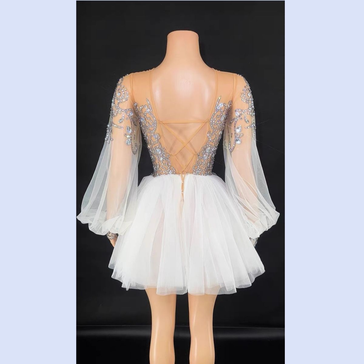 ♥ 社交ダンスドレス ベリーダンス衣装 フリル ミニスカート ロングスリーブ 全面ダイヤモンド シースルー ステージ イブニングドレス 5カラー選択