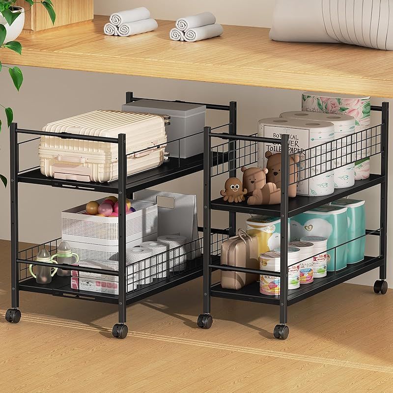TKUIN 押入れ クローゼット 収納 ラック 幅29～41.5cm伸縮 キャスター付き 2段 整理棚 カゴ式 収納ワゴン 高さ3段調節 棚板 ネットメッシュ取付可 頑丈 耐荷重各棚約20kg 隙間収納 ウォークインクローゼットラック 日用品ス 1