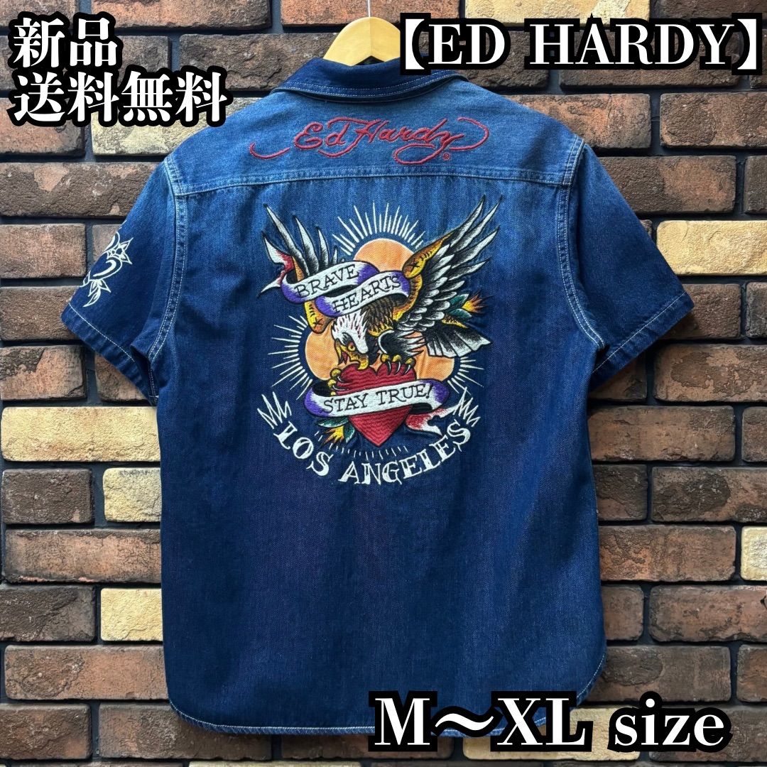 ED HARDY 半袖ツイルデニムシャツ 鷹 イーグル ハート LOVE KILLS タトゥー ロゴ 刺繍 Ed Hardy エド ハーディー バイク ツーリング ユニセックス 男女兼用 EDH-2504 ブルー