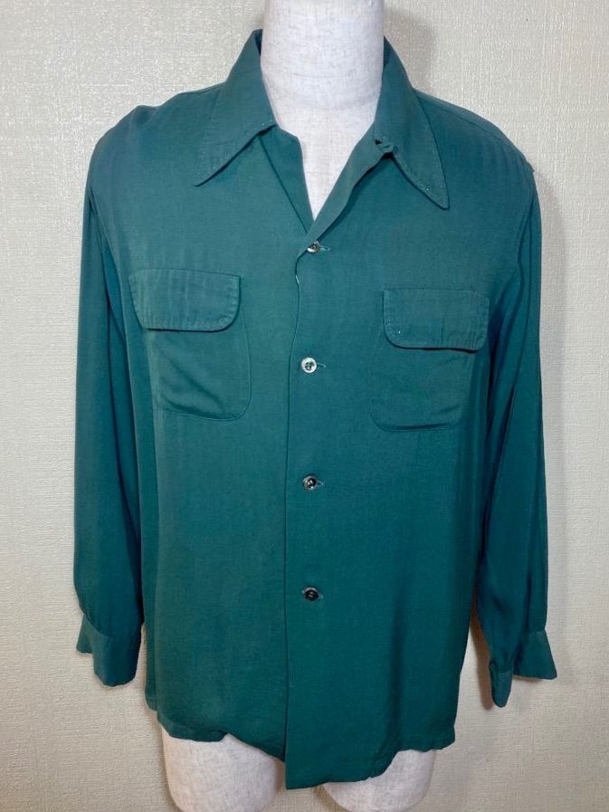 1950s 無地 長袖 オープンカラー ギャバレーヨンシャツ 緑 L程 - NITA