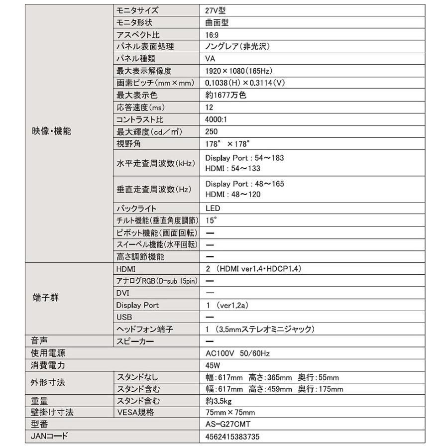 液晶モニター 27型 27インチ フルハイビジョン FHD 曲面 ゲーミングモニター ディスプレイ PCモニター ノングレアパネル 壁掛け対応 27V型  WIS AS-G27CMT - メルカリ