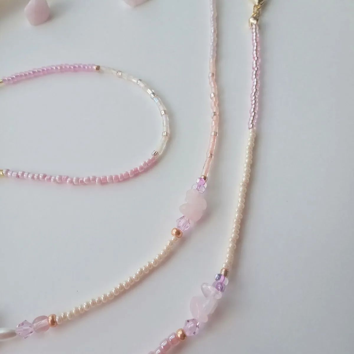 再入荷【119】ローズクォーツ天然石とお花❀マスクストラップ＆メガネ